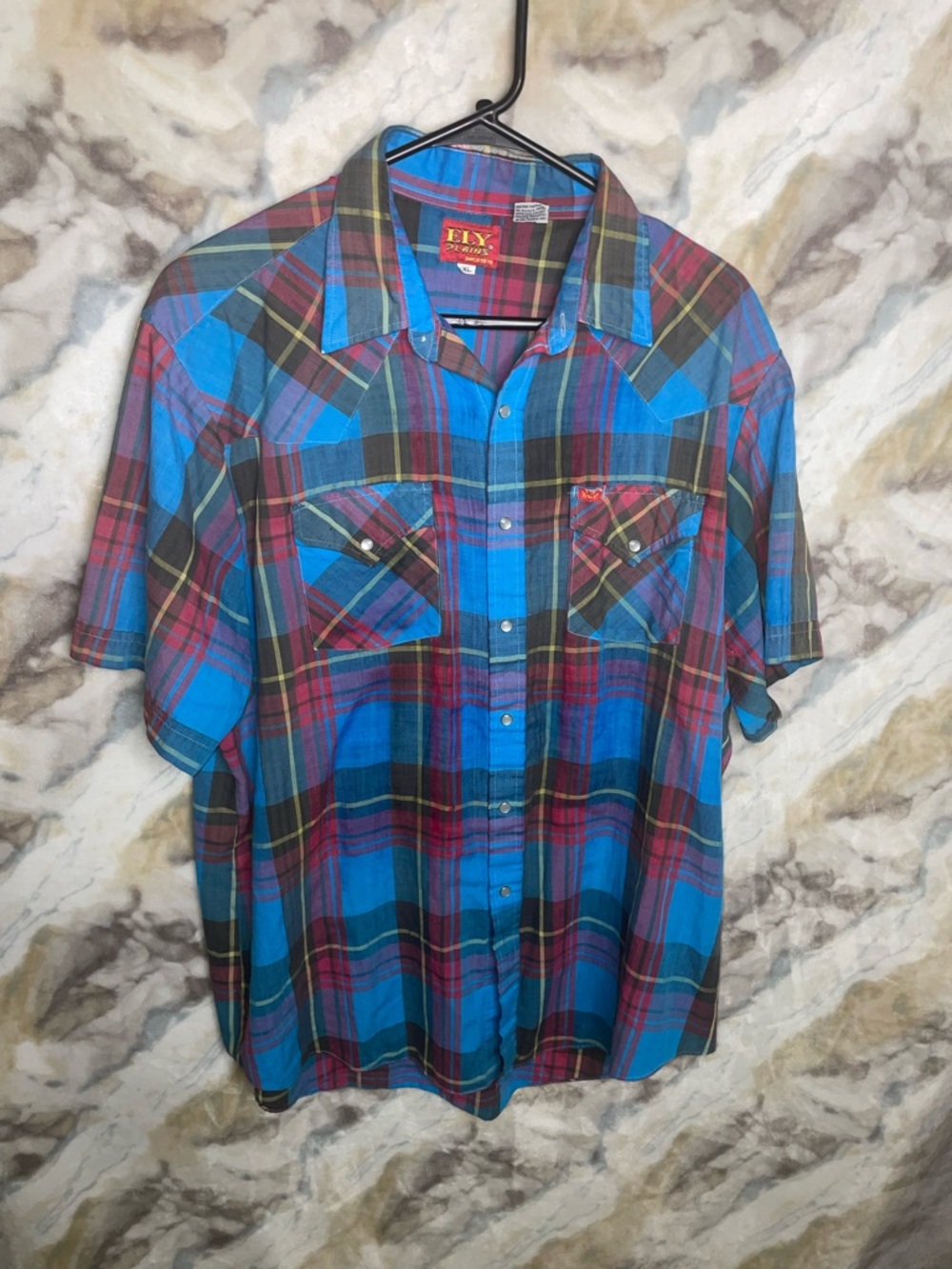 Men’s ELY Plains Blue Plaid Short Sleeve Shirt